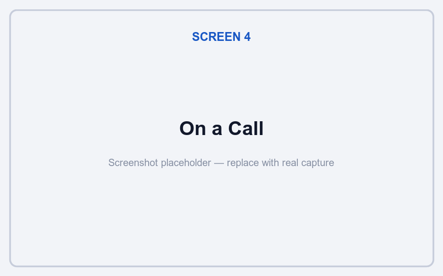 Active call screen with duration timer, mute, and hang up controls