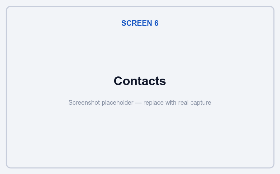 Contacts screen with contact list and detail panel